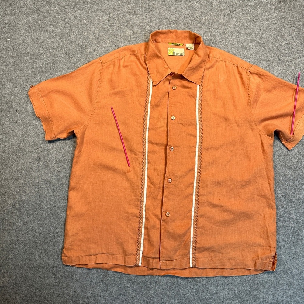 Cubavera Guayabera Button Down Shirt XL Orange 100% Linen Embroidered